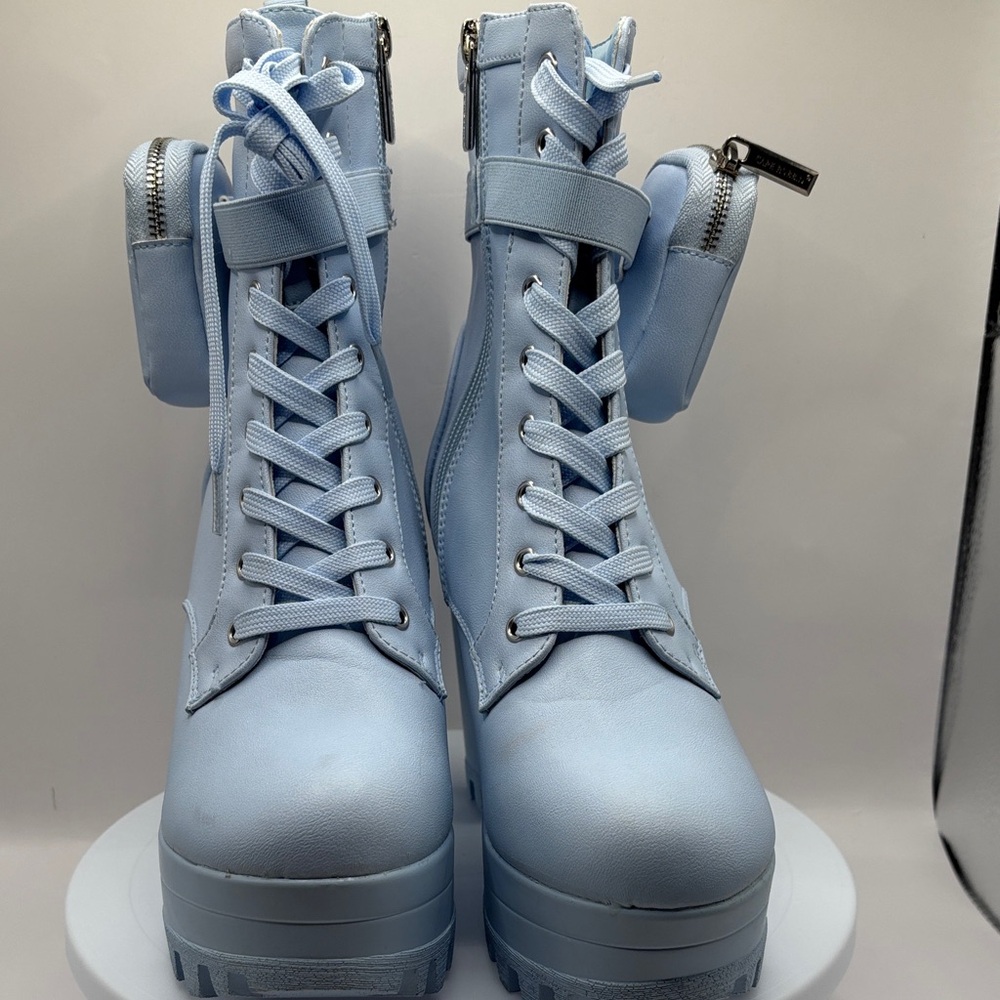 Cape Robbin Sky Blue Lace-Up Boots with Pouches